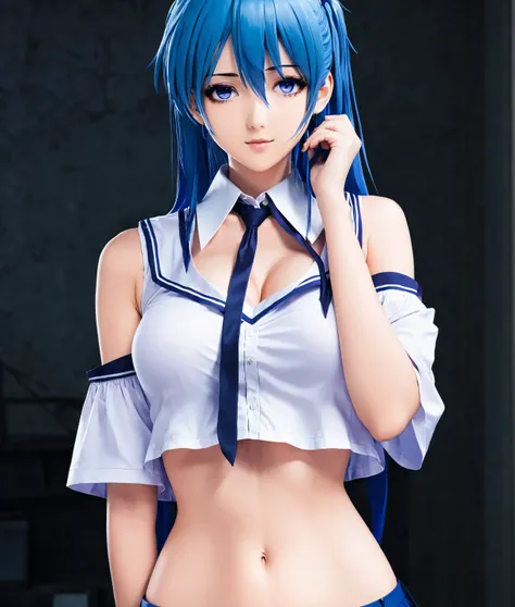 anime girl with blue hair and a blue collared top, gapmoe yandere, gapmoe yandere grimdark, anime moe artstyle, seductive anime girl, yandere, rei hiroe, anime visual of a cute girl, misato katsuragi, yandere. tall, smooth anime cg art, (anime girl), 2 d a...