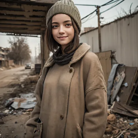 post apocalypse,female, dirty short hair, dirty skin, amber eyes, skinny, a waist shot, smile, an angle, looking away, thick clothes, dirty knit cap, dirty coat, dirty sweater, frayed clothing, covered in dirt.