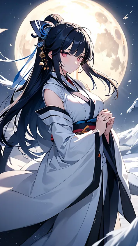 A graceful Yuki-onna stands quietly in a snowy mountain at night. Snow falls gently, covering the ground in a silver blanket, while moonlight illuminates the snow-covered landscape. Her long, black hair cascades over her shoulders as she wears a white, del...