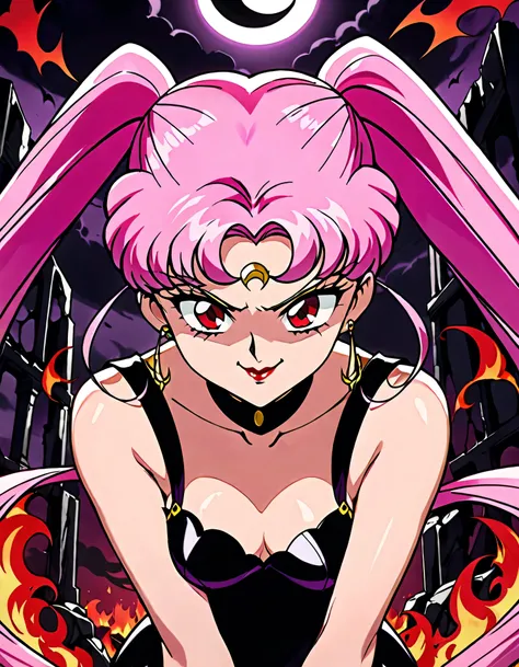 Wicked Lady from Sailor Moon, Pink Hair, Red eyes, , Black crescent moon mark on forehead, very evil smirk,beautiful body,shaded face(eyes in evil shadow),((masterpiece,best quality)), absurdes,black dress,upper body,beautiful face,,looking down at viewer,...