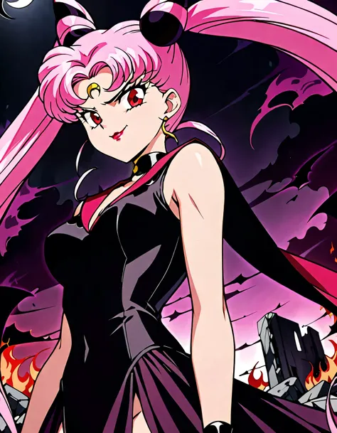 Wicked Lady from Sailor Moon, Pink Hair, Red eyes, , Black crescent moon mark on forehead, very evil smirk,beautiful body,shaded face(eyes in evil shadow),((masterpiece,best quality)), absurdes,black dress,upper body,beautiful face,,looking down at viewer,...