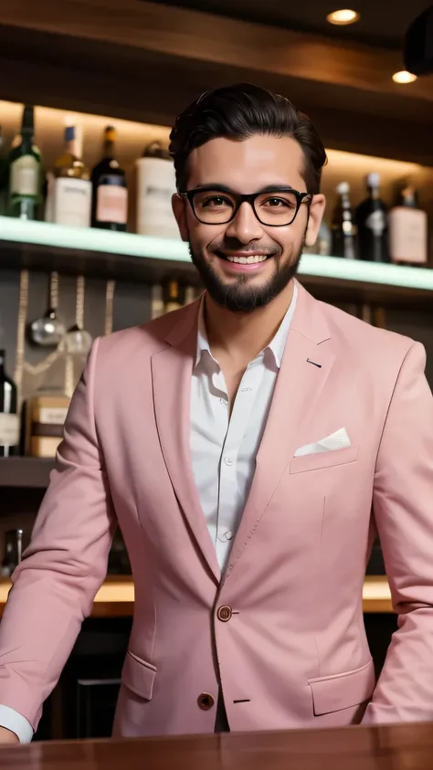 (8K, High level image quality, high quality, High resolution, masterpiece), A young man of Latin American descent, (moderate beard:0.7), black-rimmed fashion glasses, pink suit:1.4, smiling, bartender-style, Standing facing forward, with a bar counter in t...