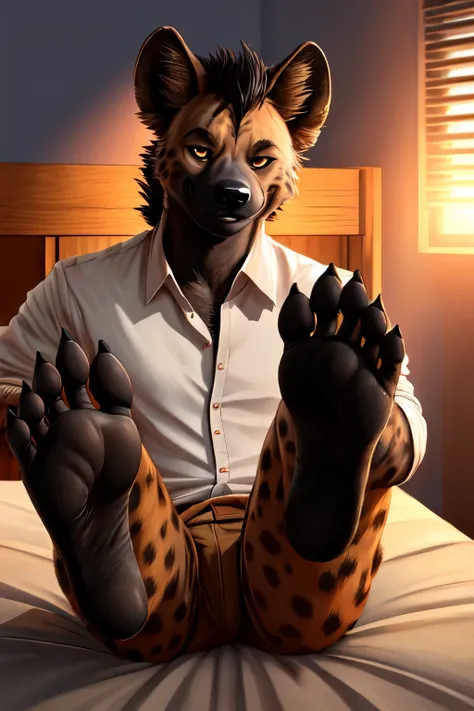 handsome, hyena, scruffy fringe, wearing a pale white buttoned shirt, ,eyes with a mischievous glint, brown eyes, average build, good eyes, warm lighting, 8k semi realistic, legs up against shoulders small grin, foot (5 toes ) ((small claws on toes)) ((fiv...