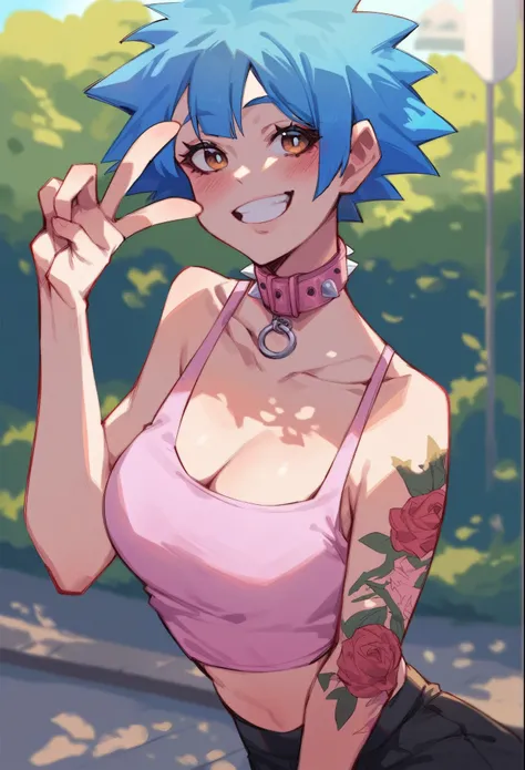 score_9, score_8_up, score_7_up, score_6_up, score_5_up, score_4_up, source_anime, 1girl, blue hair, blush, blushing, smile, outdoors, park, short hair, pink crop top, breasts, spiky hair, spiked hair, pink collar, arm tattoo, peace sign