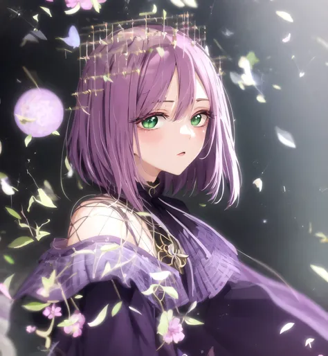 Fille, cheveux courts, purple colored hair, green eyes, lolitta gothique, robe gothique