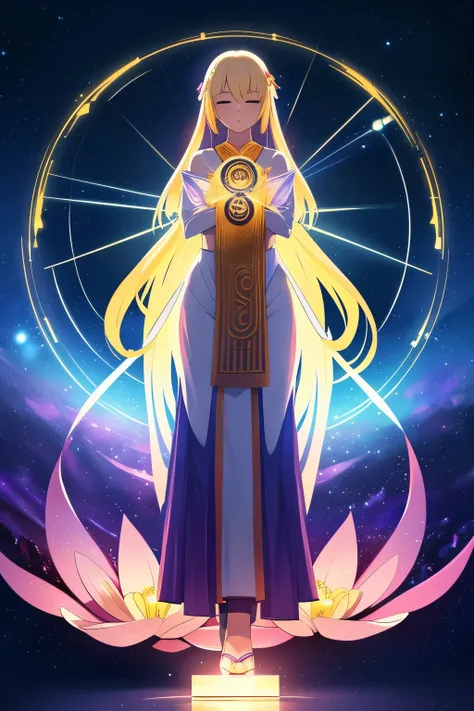 Like a glowing Amaterasu, “a serene mystical scene in which a woman stands in a meditative pose, surrounded by flowing golden energy and the floating words of ancient script. The sky is a mixture of twilight purple, deep blue, and twinkling stars. Behind h...