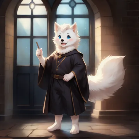 Samoyed, boy, cute, blush, happy face, Blue eyes, Harry Potter costume, Standing, Barefoot,