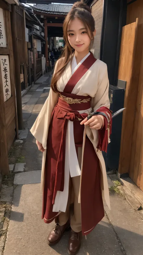 (8k, Photo quality), ( beautiful Japanese woman, age17), Shrine maiden, (Full body image, Model body type, Stand with a sword), (Dark brown long hair,  ponytail), Deep blue eyes, Perfectly sculpted face, A kind smile,  viewers, Tokyo,