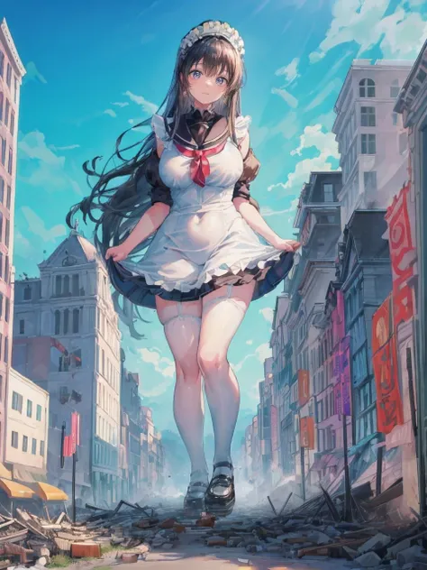 High qualityHigh quality、8k、Open your legs wide、GTS,Giantess、super huge maid、My clothes were torn、(Big Breasts)、((Plump thighs))、Looking at the camera、Embarrassed、Sweat it out、 composition ((Tall school girl)) (((Maid uniform)))、 Navy Blue Skirt tie (clou...