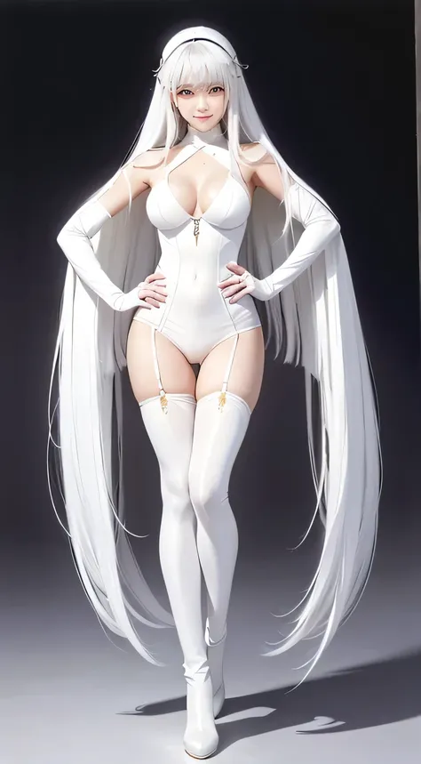 full body shot、 standing、long white hair、 white long tights  ， white latex suit  、  araf wearing white knee-high boots,    white...