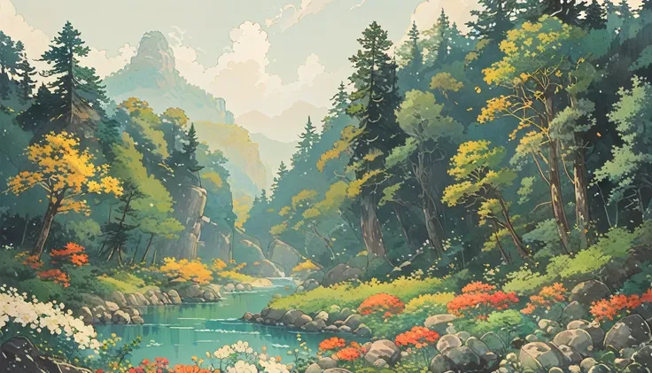 Cozy , studio ghibli inspired , landscape , forest , river , minimal style