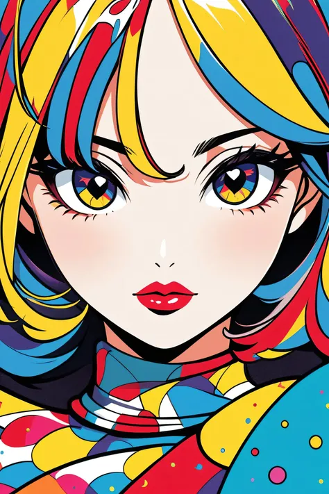 Ultra-realismRoy Lichtenstein colorful style, Simple Line Initialism，Abstract art，(((The most beautiful girl of all time))), Sweet face. Lips in love, stylish design, Dark Eyes, (((Holiday Room))), (((Cute amoeba)))