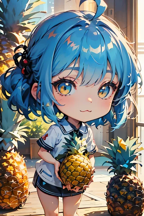 ( masterpiece:1.2),(fresh pineapple:1.3)、( 1 girl、solo)、(chibi body、light blue hair color, short chignon hair、 highly detailed e...