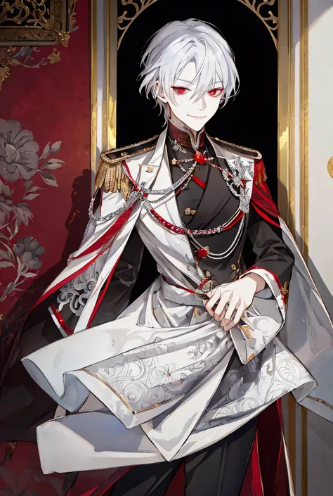 Young man, silver hair, red eyes, black European uniform, cheeky smiling face