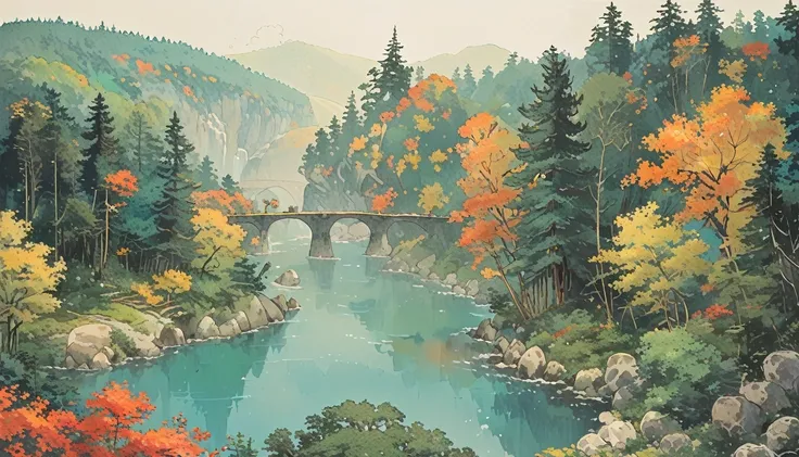 Cozy , studio ghibli inspired , landscape , forest , river , minimal style