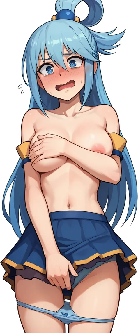 1girl, aqua (konosuba), score_9, grumpy, Alone, ((blush)) , ((eyes hypnotized)),(flushed face), (is embarrassed), (is embarrassed), ((hand on shest)), mouth open, (frightened eyes) , (lift the skirt between the legs with your hand), (absolutely white backg...