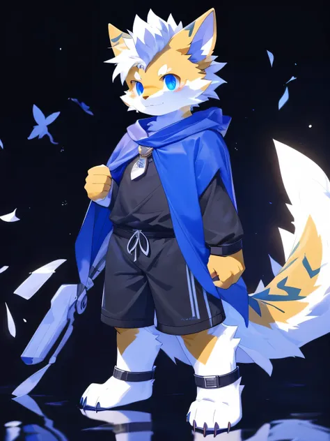 nj5furry，kemono，full-length portrait，anthro，hi res，male，White hair， orange dragon，Long-sleeved tops，shorts，Metal Greaves， Bandage Bracers， dark blue cape，strong， fluffy hair ，A tail， white plush paws， with delicate eyes ， detailed eyes 