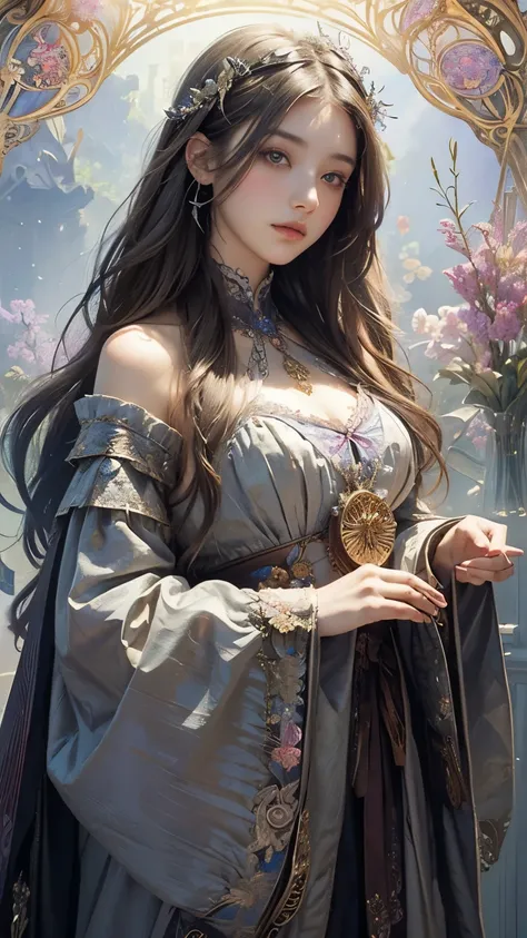 
information(masterpiece, Best Quality,  best quality, Official Art,  beautiful and aesthetic :1.2), ( 1 girl),  extremely detailed,( Fractal Art :1.3),colorful,Best details,　Symbolism　Floral frame， Decorative panel， Alphonse Mucha 、gothic,Silver Hair、Crys...