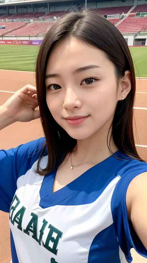 Highest quality、Realistically、Radiant Skin、 Japanese Women、Around 20 years old、 Gravure Idol、Athletics stadium with spectators、Women&#39;s Track and Field Championships、Athletics sleeveless 、Athletics Bloomers、 tight abs、 looks at the camera and has a fres...