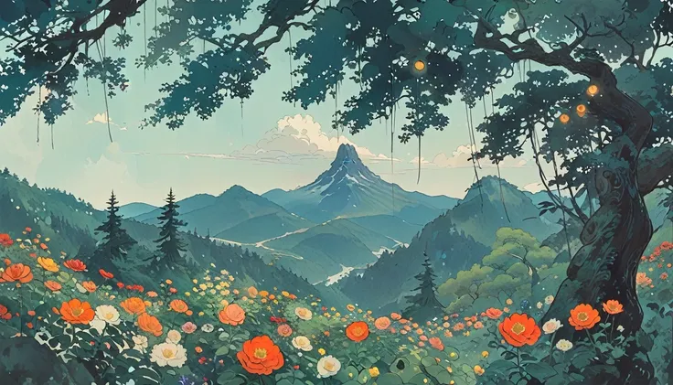 Cozy , studio ghibli inspired , landscape , forest , minimal style ,mountain