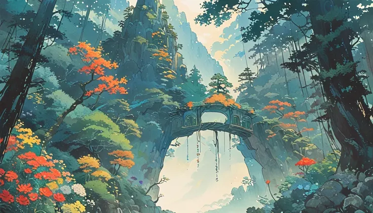 Cozy , studio ghibli inspired , landscape , forest , minimal style ,mountain