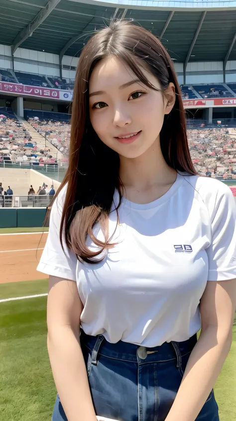 Highest quality、Realistically、Radiant Skin、 Japanese Women、Around 20 years old、 Gravure Idol、Athletics stadium with spectators、Women&#39;s Track and Field Championships、Athletics sleeveless 、Athletics Bloomers、 tight abs、 looks at the camera and has a fres...