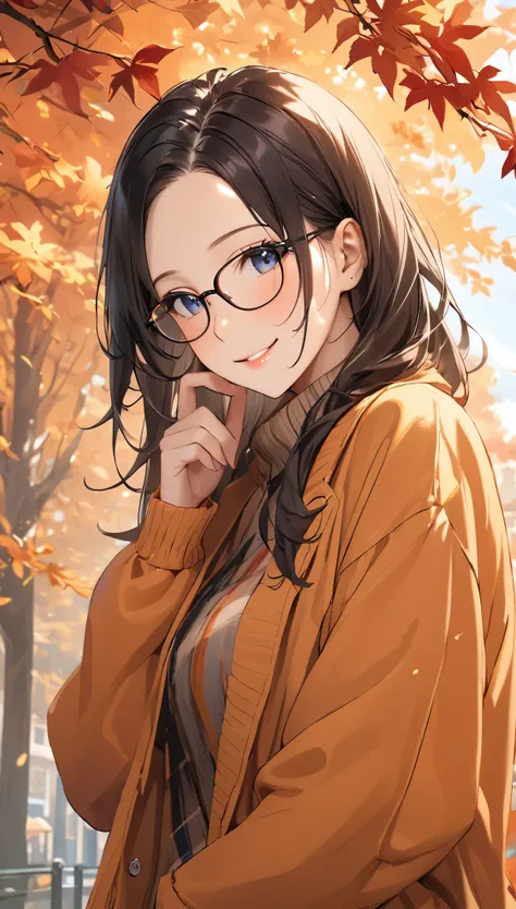 masterpiece, Wearing glasses, Black Hair, forehead,  beautiful adult woman, Autumn-like clothing, smile