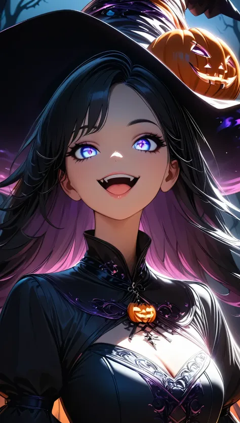 halloween pumpkins ,  beautiful gothic witch , 1 girl, detailed face, detailed eyes,  beautiful detailed lips , beautiful skin, ...