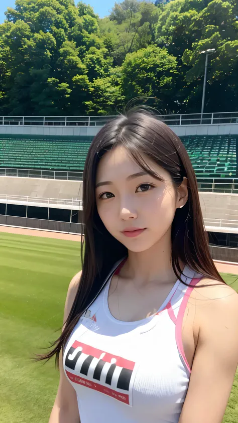 Highest quality、Realistically、Radiant Skin、 Japanese Women、Around 20 years old、 Gravure Idol、Athletics stadium with spectators、Women&#39;s Track and Field Championships、Athletics sleeveless 、Athletics Bloomers、 tight abs、 looks at the camera and has a fres...