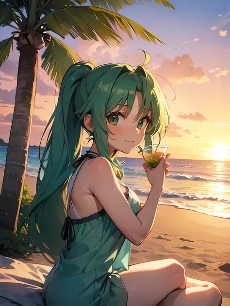 (beach bar ), Mion Sonozaki, green eyes, ponytail, Sunset sky, White sand beach, sea breeze,  woman wearing sunglasses, Tropical Drinks,  rough casual style , Palm Tree,  Relaxed Atmosphere 