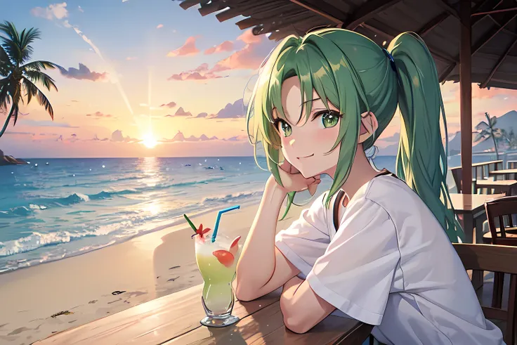 bar, (ビーチbar), Mion Sonozaki, green eyes, ponytail, Sunset sky, White sand beach, sea breeze, Tropical Drinks, rough casual style , Palm Tree, Relaxed Atmosphere