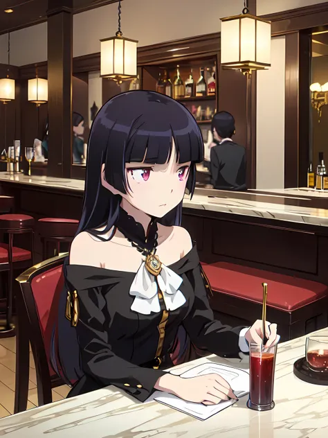 Art Deco Bar , ruri gokou, Long Hair, hime cut, Black Hair, One Girl, mole, mole under eye,  Gold and Black Decor,  Vibrant Cocktails , Woman profile, Elegant dress, Marble Countertop ,  elegant atmosphere , Symmetrical composition