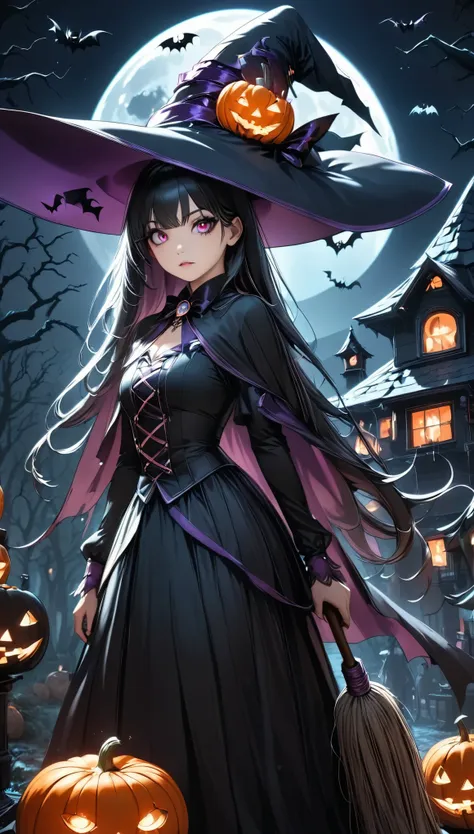 halloween witch, long black hair, sharp eye, detailed face, witch hat, broom, cauldron, pumpkin, haunted house, full moon, bats,...