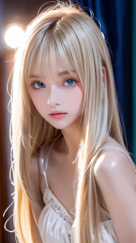 Clear white shiny skin 、The windy blonde hair gets in the way of her pretty face、 cute sexy little beautiful very cute young face in early teens、 shining beautiful straight blonde silky hair, Shining and extremely bright emerald ice green big eyes 、 silky ...