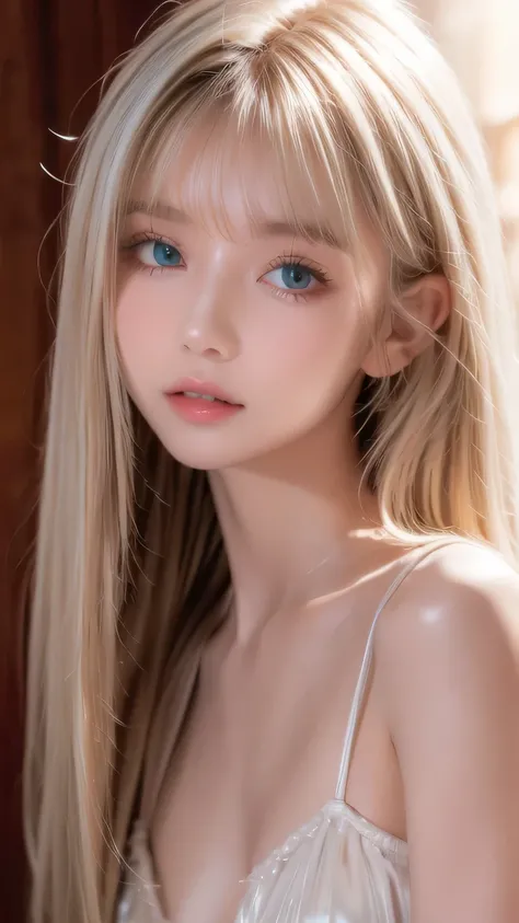 Clear white shiny skin 、The windy blonde hair gets in the way of her pretty face、 cute sexy little beautiful very cute young face in early teens、 shining beautiful straight blonde silky hair, Shining and extremely bright emerald ice green big eyes 、 silky ...