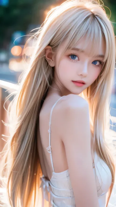 Clear white shiny skin 、The windy blonde hair gets in the way of her pretty face、 cute sexy little beautiful very cute young face in early teens、 shining beautiful straight blonde silky hair, Shining Mysteriously Incredibly Bright Emerald Ice Green Big Eye...