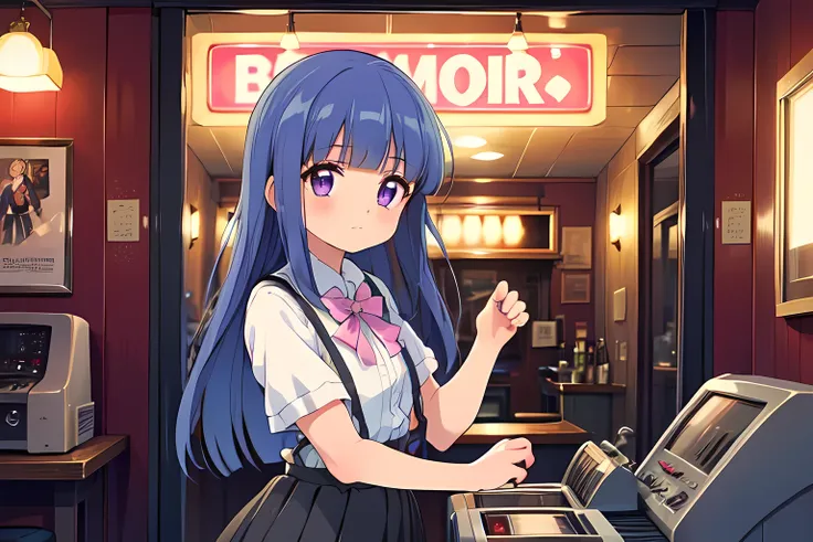 retro bar , furude rika, blue hair,  purple eyes, long hair, blunt bangs, bangs,  white shirt, pink ribbon, suspenders,  black s...