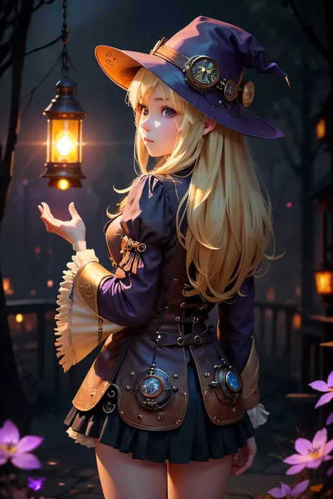 (Best Quality:1.2)。steampunk。One Woman。Cute Caucasian Girl。 Watch a cute little witch in steampunk from a distance。 blonde long hair。Rear view。Looking beyond 。(Clothes that expose little skin)。( explore a world shrouded in mysterious purple light )。 fantas...