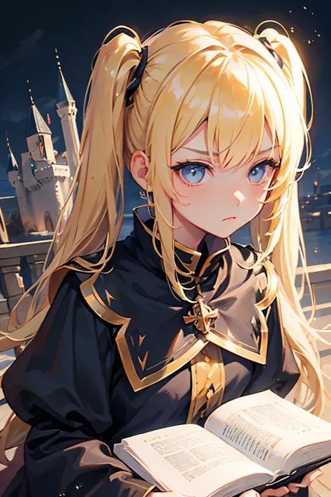  1 girl, Blonde, Twin Tail,Best Quality,  upper body,The background is a castle,Black Wizard Outfit , frowns,I have a book