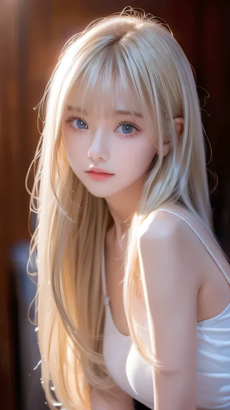 Clear white shiny skin 、The windy blonde hair gets in the way of her pretty face、 cute sexy little beautiful very cute young face in early teens、 shining beautiful straight blonde silky hair, Shining Mysteriously Incredibly Bright Emerald Ice Green Big Eye...