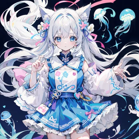 Anime Pictures。Bright and pretty shades。Cute woman with cat ears about 18 years old、Clothes with a design inspired by national costumes。Flowers are fluttering。Flat cute pattern in the background。Extremely high quality、Extremely high image quality、masutepie...