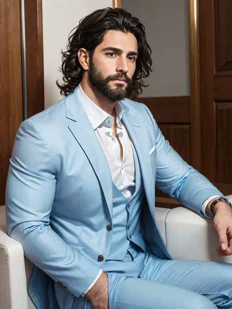 (photorealism:1.2), attractive male , italian, 30 years, entrepreneur,  with a beard and wavy black hair .  wears a light blue s...