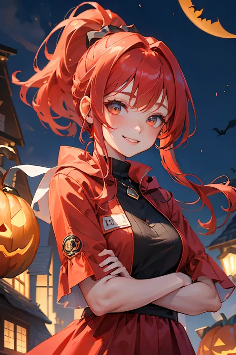  1 girl, Red Hair, ponytail hair ,Best Quality,  upper body, Halloween party ,Red clothes, wizard,smile