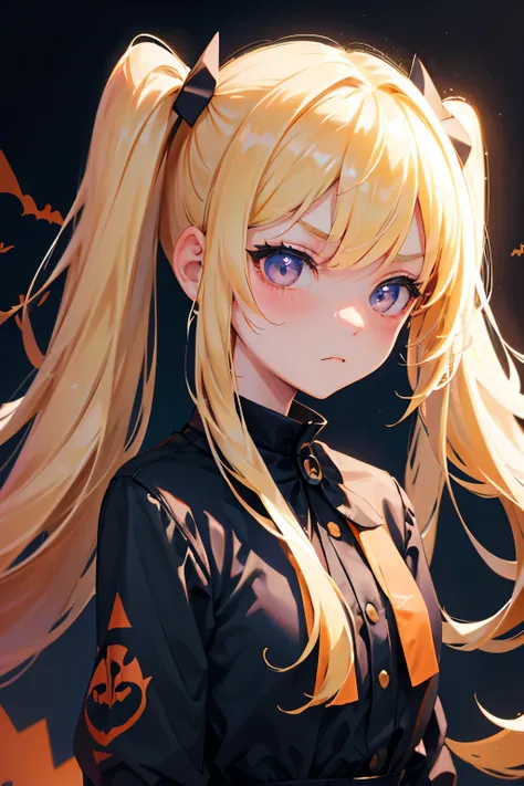  1 girl, Blonde, Twin Tail ,Best Quality,  upper body, and the background is a Halloween party,Black clothes, wizard, frowns