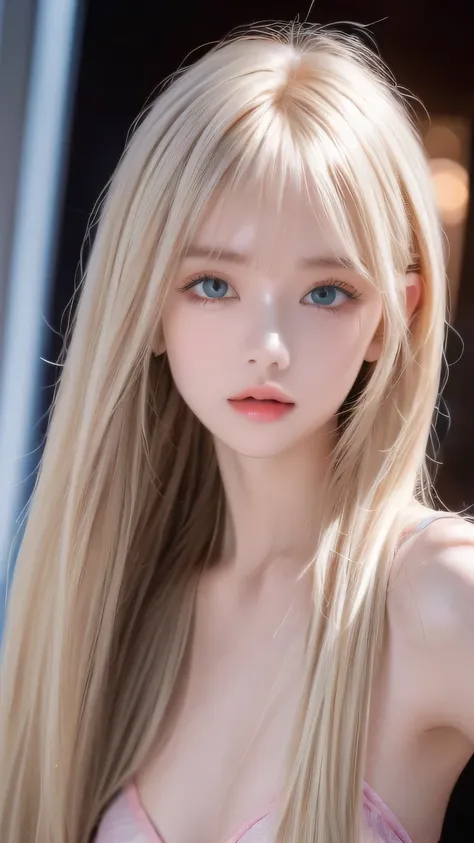 Clear white shiny skin 、The windy blonde hair gets in the way of her pretty face、 cute sexy little beautiful very cute young face in early teens、 shining beautiful straight blonde silky hair, Shining Mysteriously Incredibly Bright Emerald Ice Green Big Eye...