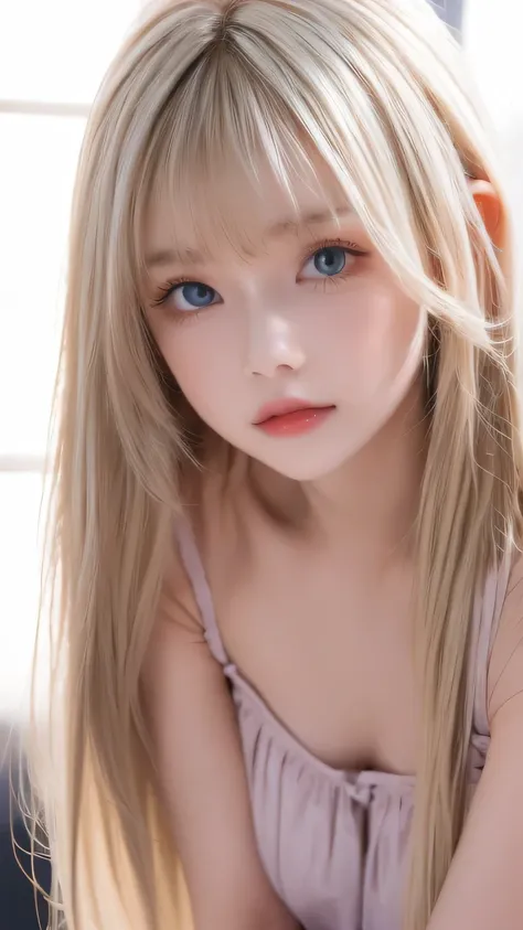 Clear white shiny skin 、The windy blonde hair gets in the way of her pretty face、 cute sexy little beautiful very cute young face in early teens、 shining beautiful straight blonde silky hair, Shining Mysteriously Incredibly Bright Emerald Ice Green Big Eye...