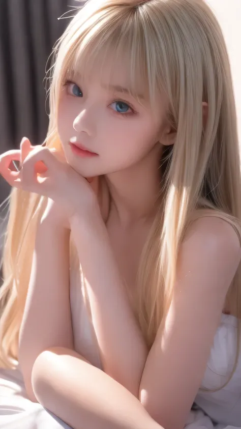 Clear white shiny skin 、The windy blonde hair gets in the way of her pretty face、 cute sexy little beautiful very cute young face in early teens、 shining beautiful straight blonde silky hair, Shining Mysteriously Incredibly Bright Emerald Ice Green Big Eye...