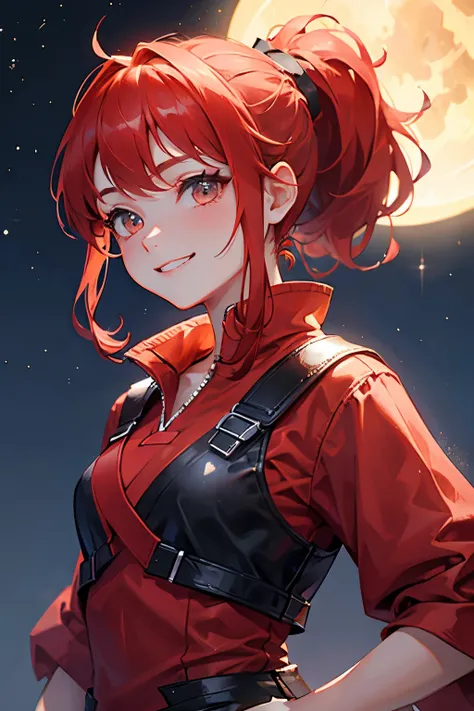  1 girl,  ponytail hair,Red Hair ,Best Quality,  upper body,The background is the night sky,smile,Red clothes, wizard