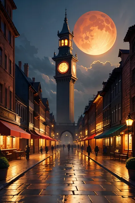 (Best Quality:1.2)。steampunk。Huge clock tower。Aerial cobblestone walkway 。 street light in aisle 。 nothing but a clock tower and walkway。 illuminated by red moon。