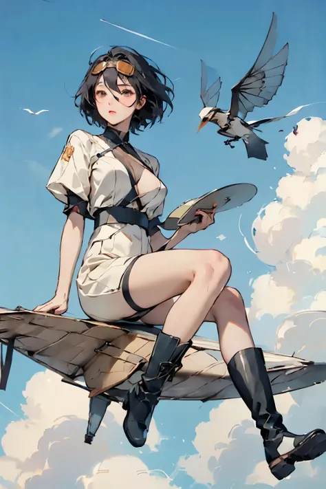  beautiful girl with high breasts、Fly through the sky piloting a bird-shaped glider、Alone、 short cut hair、(goggles)、boots、Best Quality、  High Resolution  、masterpiece、wallpaper、8k、